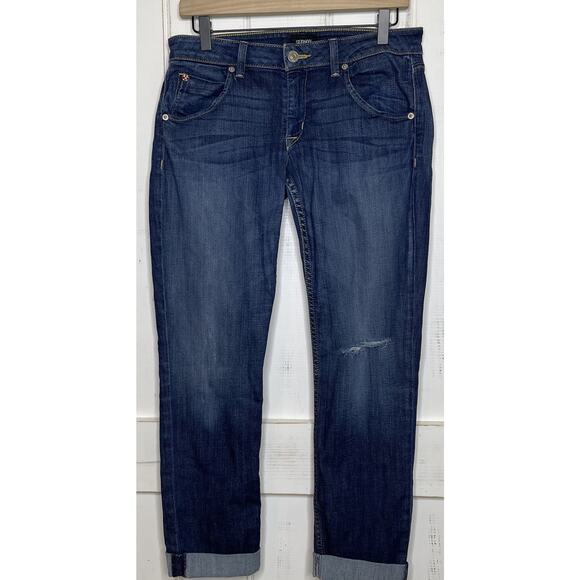 Hudson Bacara Kern Wash Cropped Straight Cuffed Blue Jeans Distressed Denim 28 - Picture 1 of 9